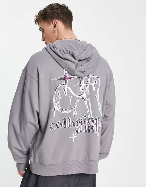 COLLUSION oversized hoodie with drippy face graphic in gray