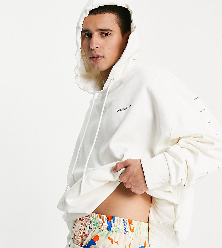 COLLUSION oversized hoodie with logo tape in ecru set-White