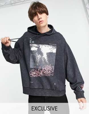 Collusion Oversized Hoodie With Print In Acid Wash Black ModeSens