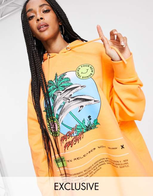 COLLUSION – Oversized-Kapuzenpullover mit Delfin-Print in Orange