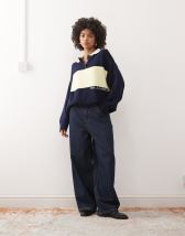 Daisy Street chunky knit rugby top in navy khaki stripe