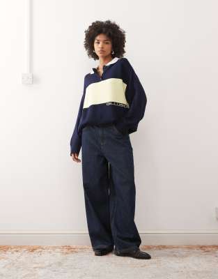 Collusion Oversized Knit Rugby Polo In Blue