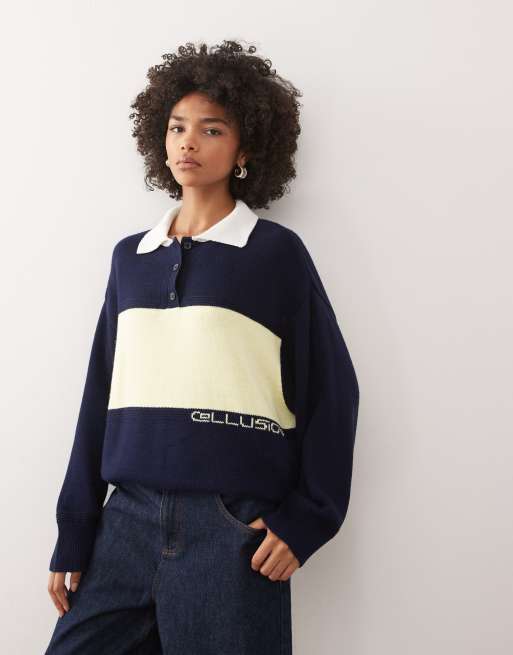 COLLUSION oversized knit rugby polo in navy