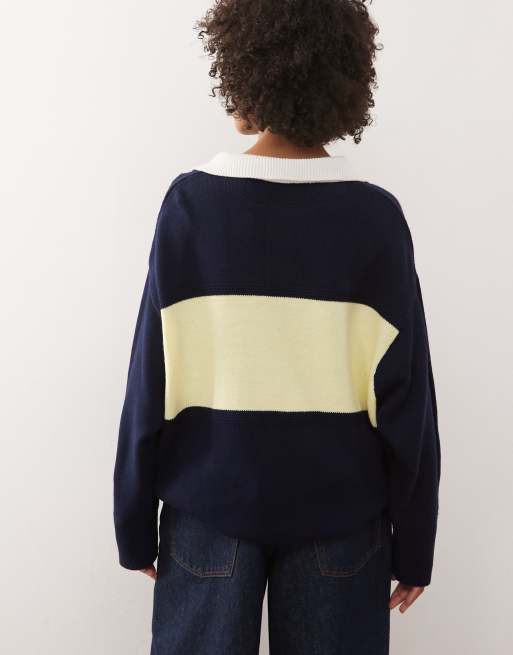 COLLUSION oversized knit rugby polo in navy