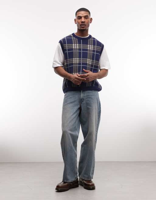 COLLUSION oversized knit sweater vest in navy plaid | ASOS
