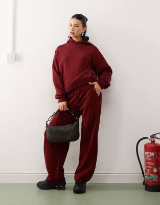 oversized knitted sweatpants in burgundy - part of a set-Red