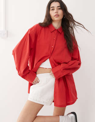 [Collusion] COLLUSION oversized linen-blend shirt in red 6 red