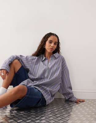 COLLUSION oversized linen look blend shirt in grey stripe - MULTI