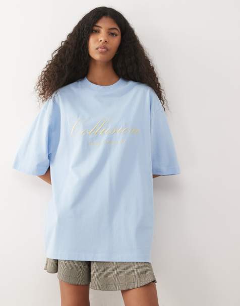 COLLUSION oversized logo embroidery tee in blue - view 1