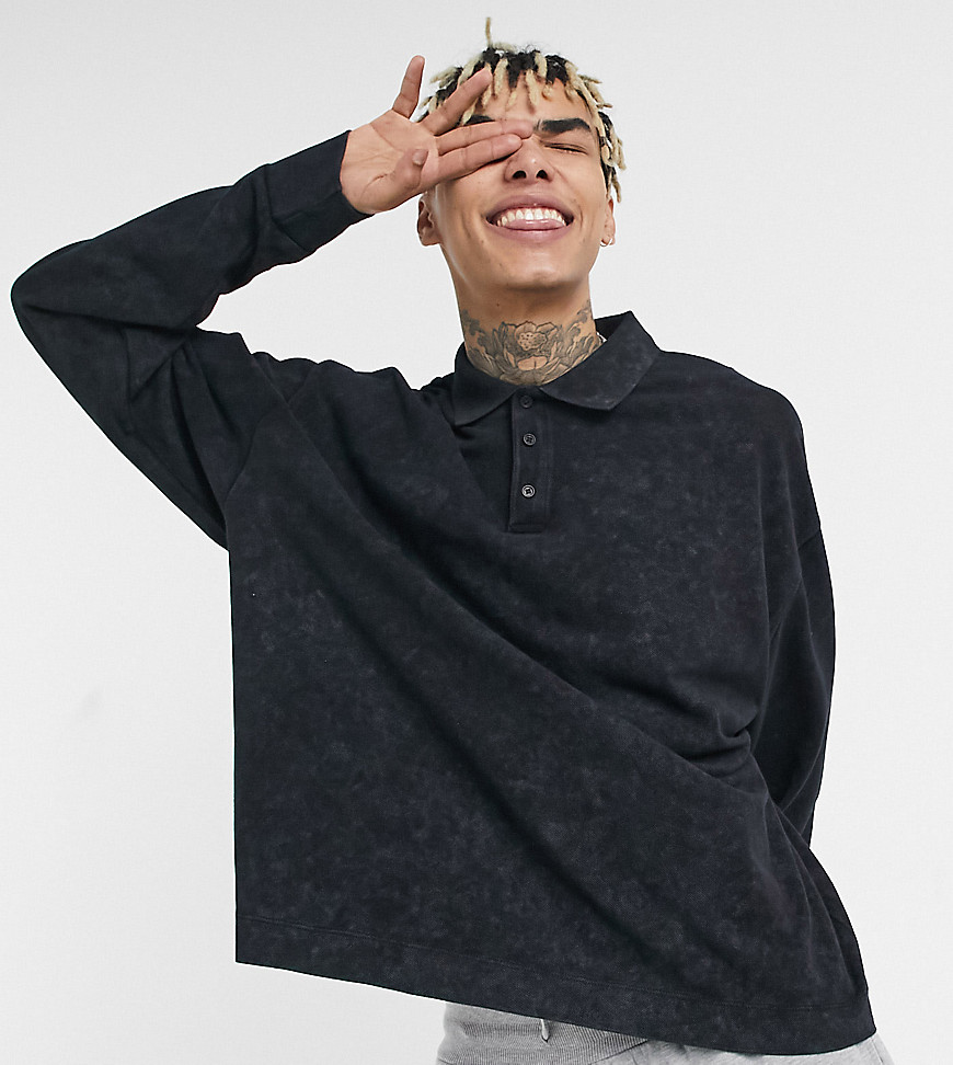 COLLUSION oversized long sleeve polo in charcoal acid wash-Grey