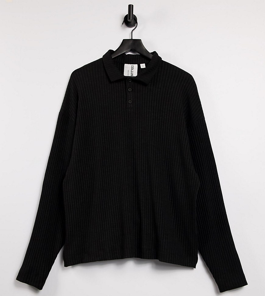 COLLUSION oversized long sleeve polo in knitted jersey fabric in black