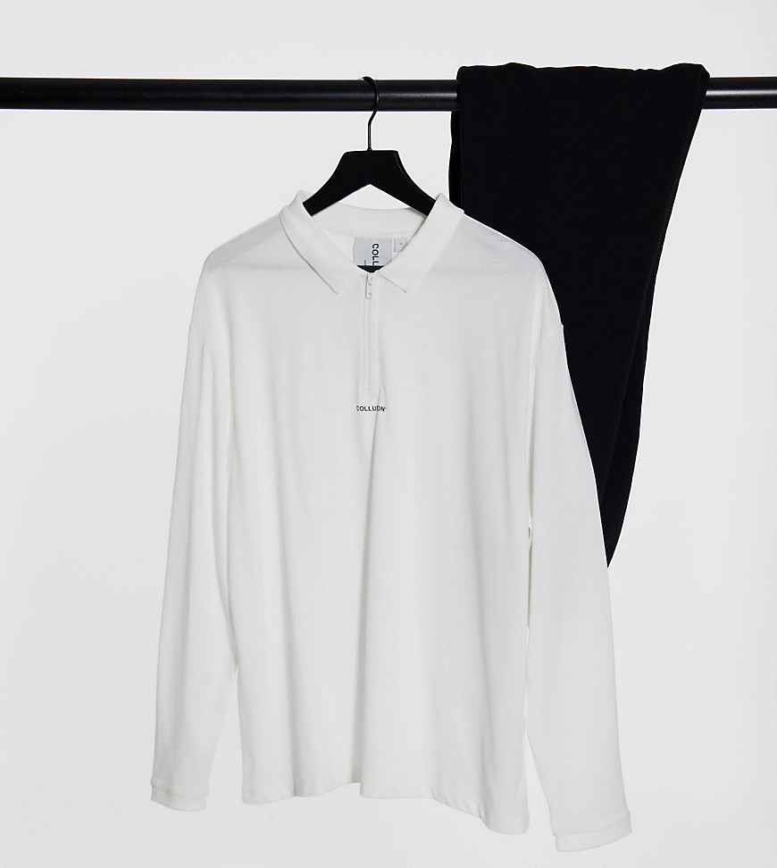 COLLUSION oversized long sleeve polo with half zip in pique fabric-White