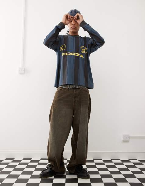 COLLUSION Oversized long sleeve stripe graphic football top in navy and black - view 1