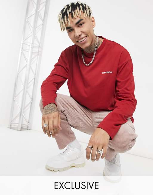 COLLUSION oversized long sleeve T-shirt with logo print in berry