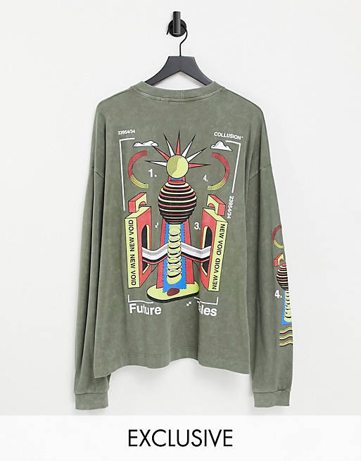 COLLUSION oversized long sleeve t-shirt with print in green acid wash pique fabric