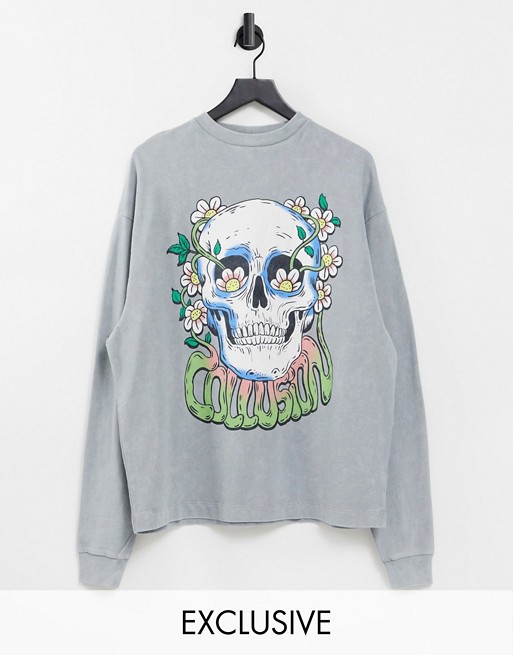 COLLUSION oversized long sleeve t-shirt with skull print in acid wash pique