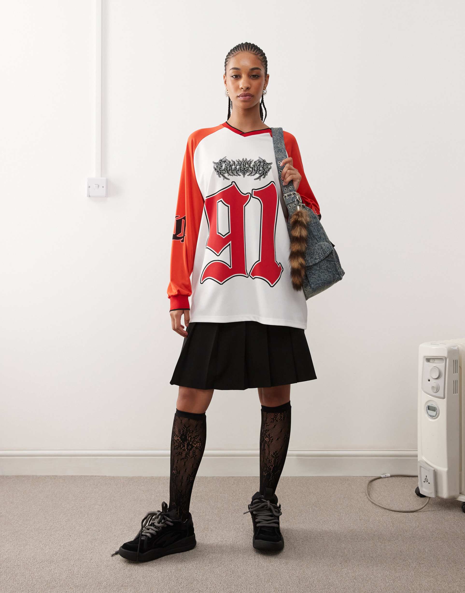 collusion oversized long sleeve t-shirt with vintage 91 graphic in red and ecru
