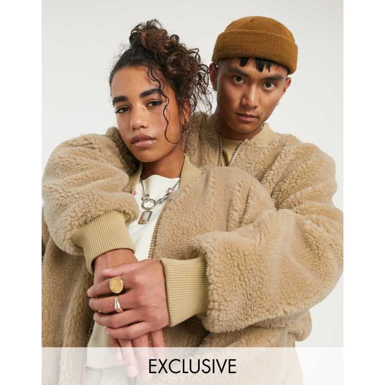 COLLUSION oversized MA1 teddy fur bomber jacket in tan ASOS