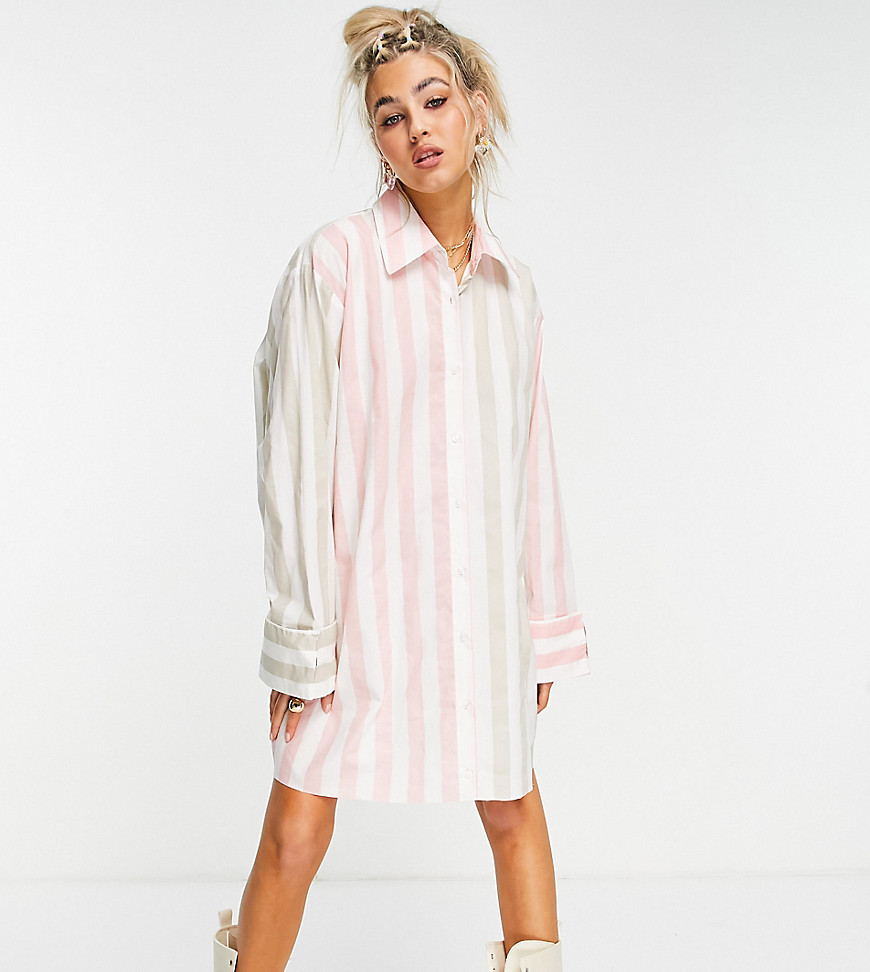 COLLUSION oversized mini shirt dress in mix stripe in pink and khaki-Multi