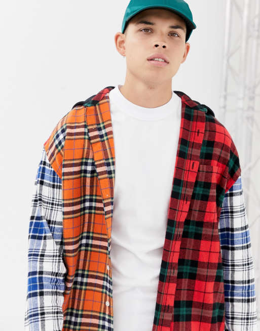 COLLUSION oversized mixed check shirt with hood