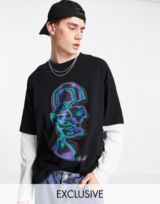 COLLUSION oversized mock-layer long sleeve t-shirt with print in black