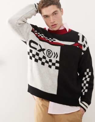 oversized motorcross knit sweater in black-Multi