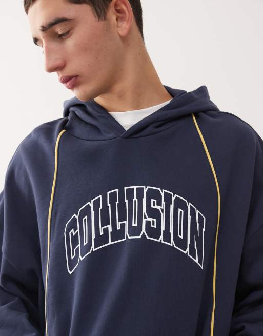 COLLUSION - Oversized og marineblå hættetrøje med logo og pyntekanter, 5 af 5