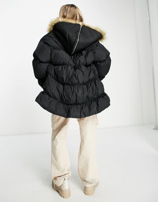 COLLUSION oversized parka jacket with faux fur hood in black