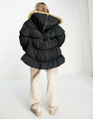 Collusion Oversized Parka Jacket With Faux Fur Hood In Black