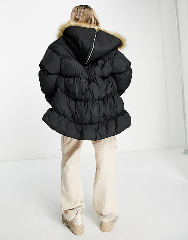 Collusion - oversized parka jacket with faux fur hood in black