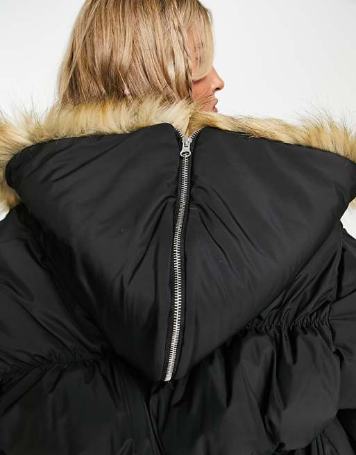 COLLUSION oversized parka jacket with faux fur hood in black COLLUSION oversized parka jacket with faux fur hood in black