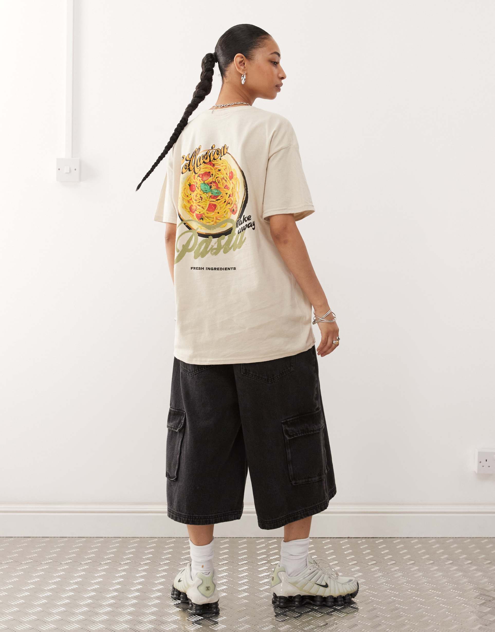 collusion oversized pasta back graphic t-shirt in sand