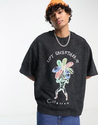 COLLUSION oversized pique t-shirt with flower print in washed black
