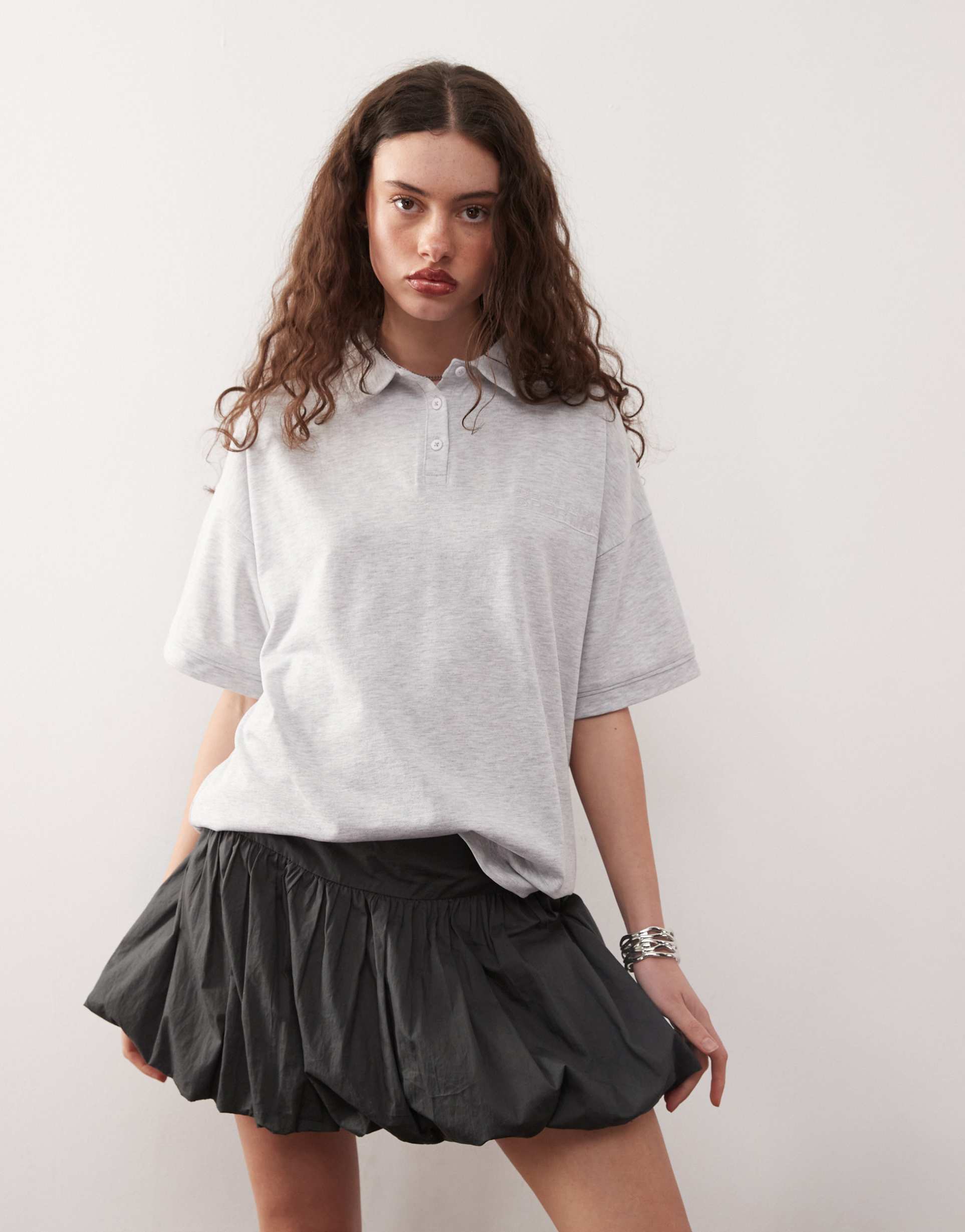 collusion oversized polo in gray heather