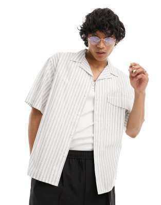 oversized poplin revere short sleeve shirt in gray stripe-White