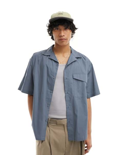 COLLUSION oversized poplin revere short sleeve shirt in grey - view 1