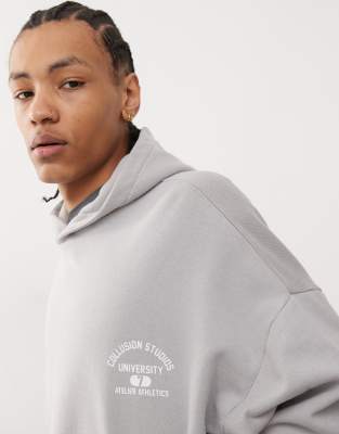 COLLUSION oversized printed hoodie with elasticated cuffs in grey