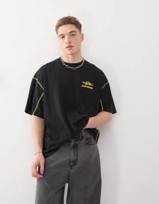 oversized printed t-shirt with flatlock detail in black