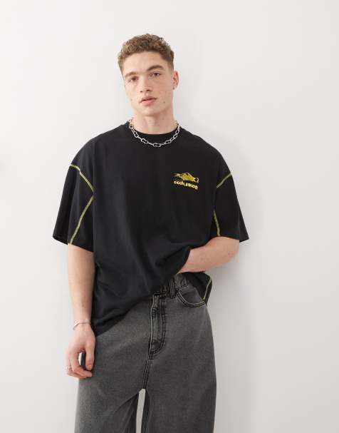 COLLUSION oversized printed t-shirt with flatlock detail in black - view 1