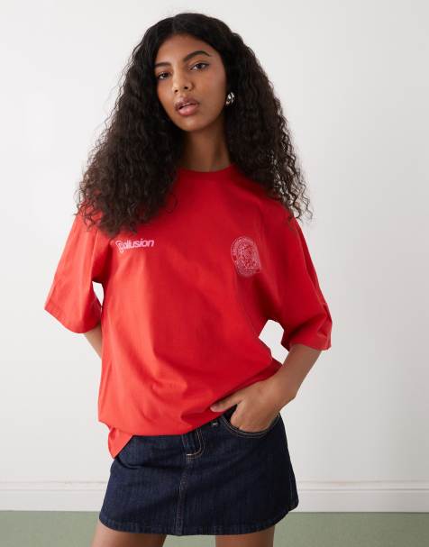COLLUSION oversized red logo graphic tee