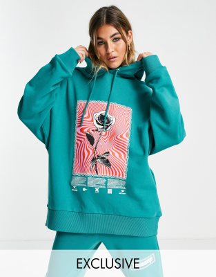 Collusion Oversized Rose Graphic Hoodie In Forest green ModeSens