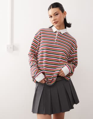 oversized rugby polo top in multi stripe