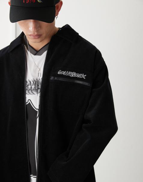 COLLUSION oversized shacket in cord with embroidery detail in black - view 1
