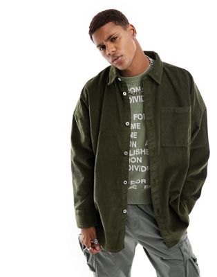 Collusion Oversized Shirt In Cord In Khaki-green