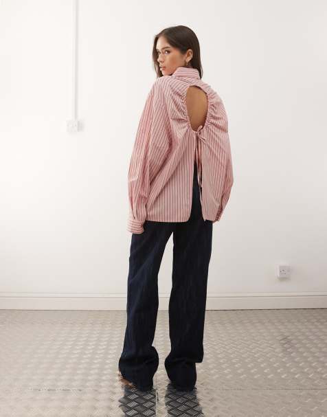 COLLUSION oversized shirt with cut out back detail in pink stripes - view 1
