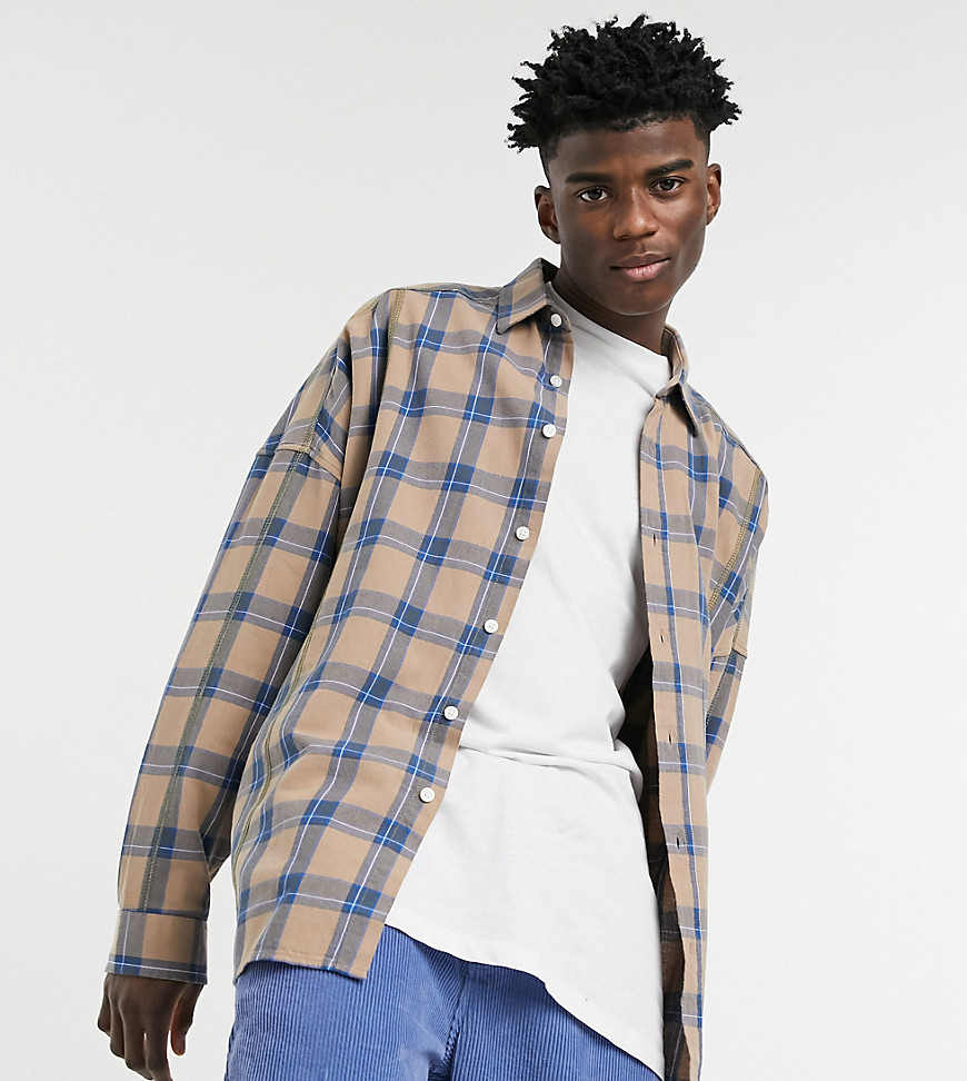 COLLUSION oversized shirt with overstitching in beige check-Neutral