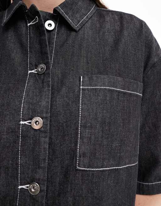 Black denim shirt fashion short sleeve