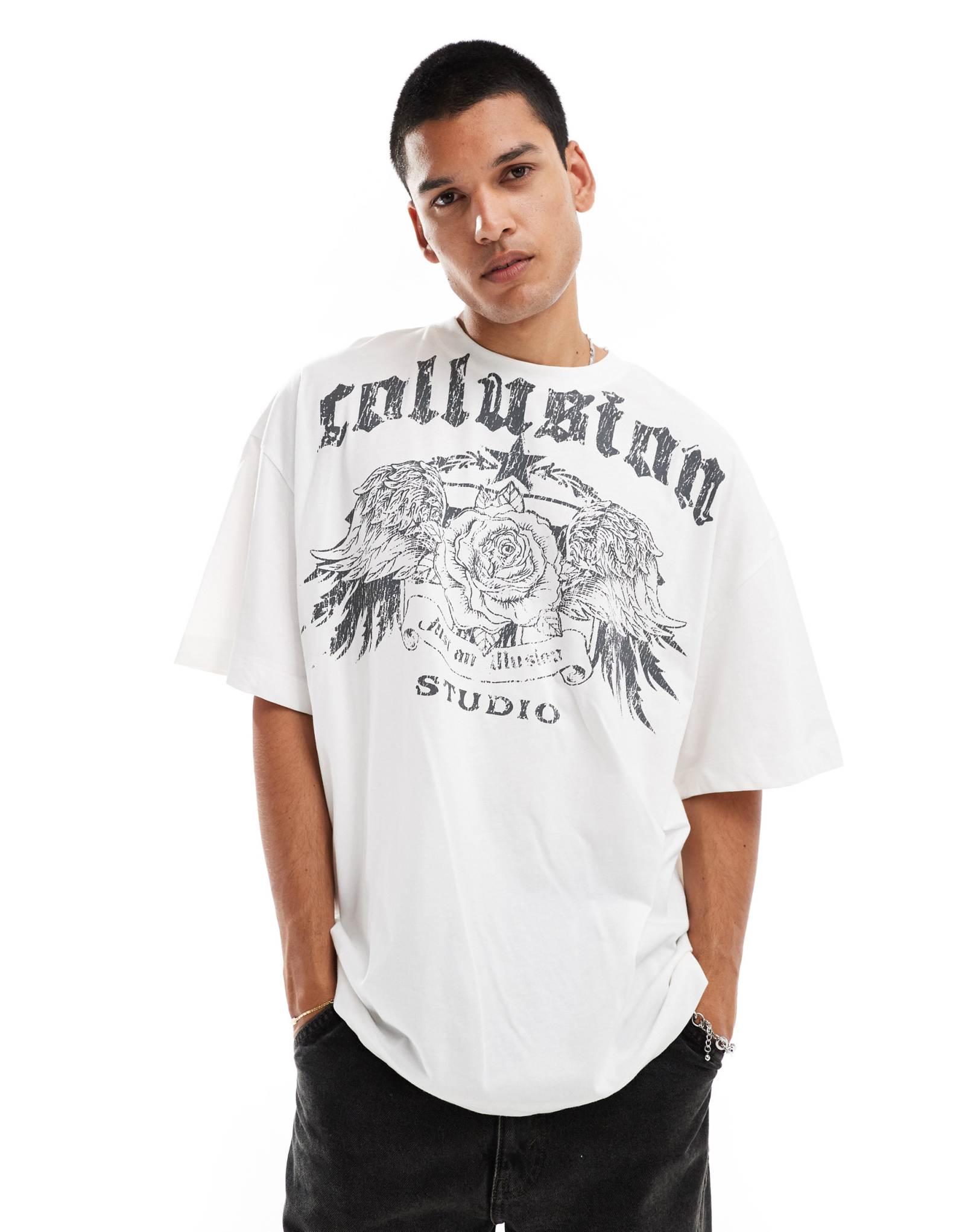 Футболка COLLUSION Oversize skate fit с принтом белого цвета