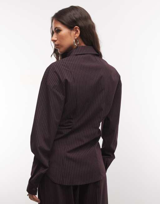 COLLUSION oversized skjorte med indsnøring i burgundy pinstripe, 4 af 4