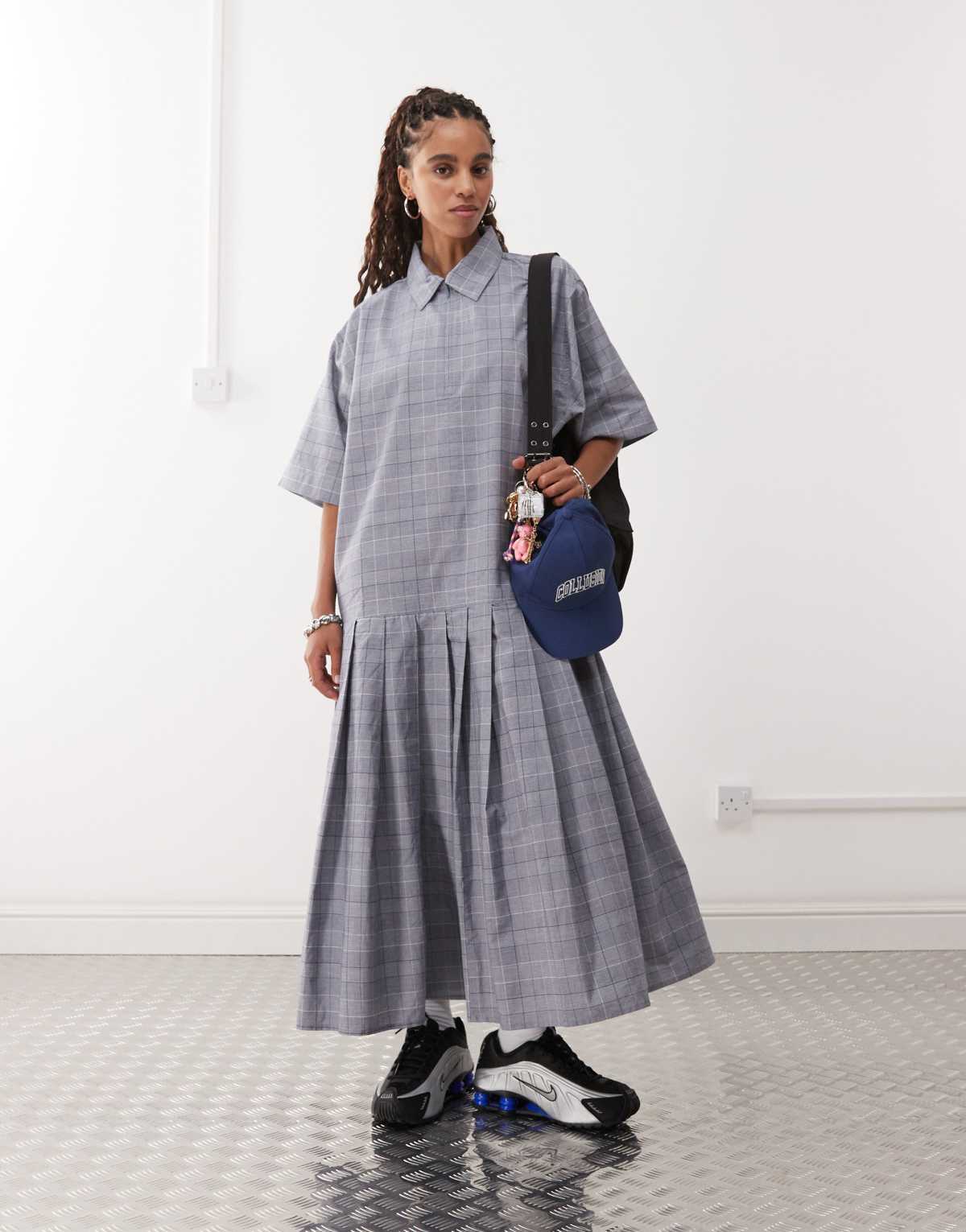 COLLUSION oversized smock midi shirt dress in graphic navy check